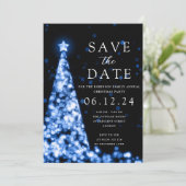 Weihnachts-Party Save the Date Blue Tree Glam Einladung (Stehend Vorderseite)
