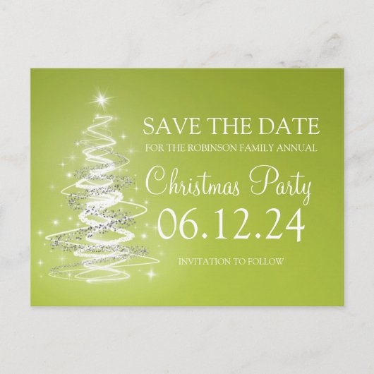 Weihnachts-Party Save the Date funkelnd Baum grün Ankündigungspostkarte (Vorderseite)