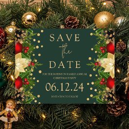 Weihnachts-Party Save the Date Gold Blumengrün Ankündigungspostkarte