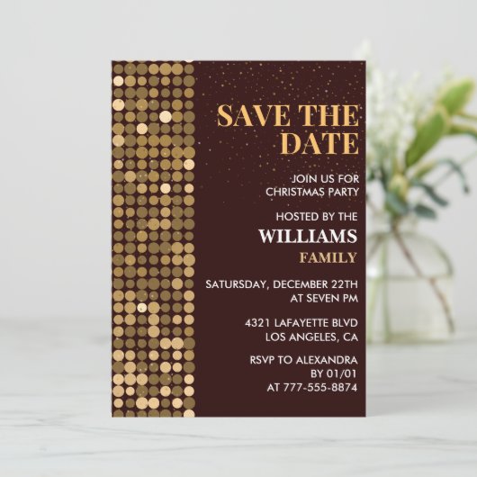 Weihnachts-Party Save the Date Gold Einladung (Stehend Vorderseite)