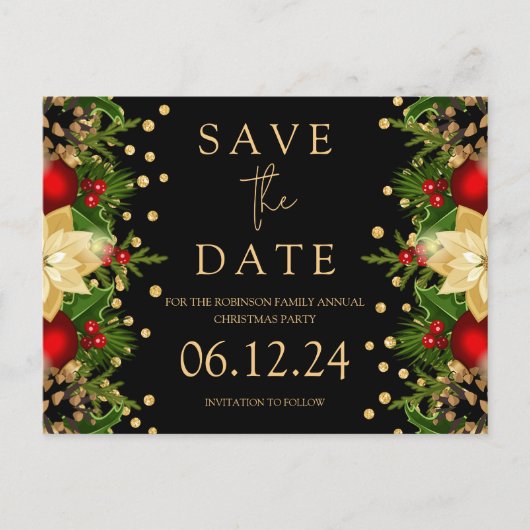 Weihnachts-Party Save the Date Gold Floral Black Ankündigungspostkarte (Vorderseite)