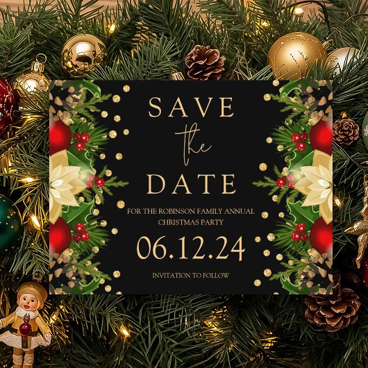 Weihnachts-Party Save the Date Gold Floral Black Ankündigungspostkarte