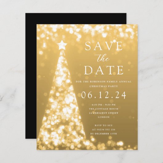 Weihnachts-Party Save the Date Gold Tree Einladung (Vorne/Hinten)