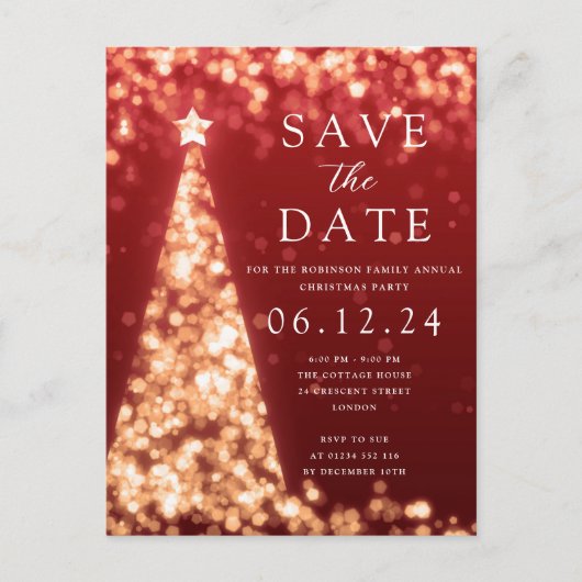 Weihnachts-Party Save the Date Gold Tree Glam Red Ankündigungspostkarte (Vorderseite)