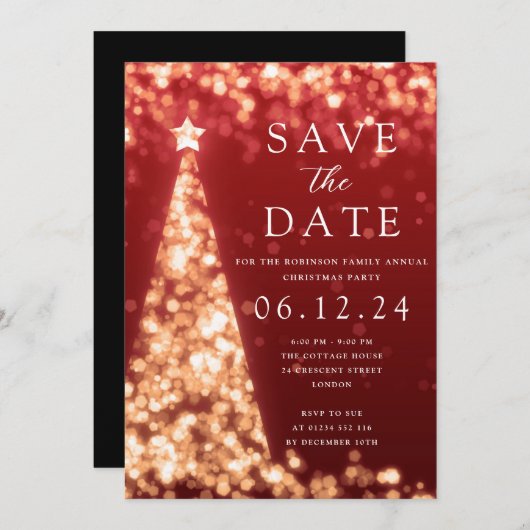 Weihnachts-Party Save the Date Gold Tree Glam Red Einladung (Vorne/Hinten)