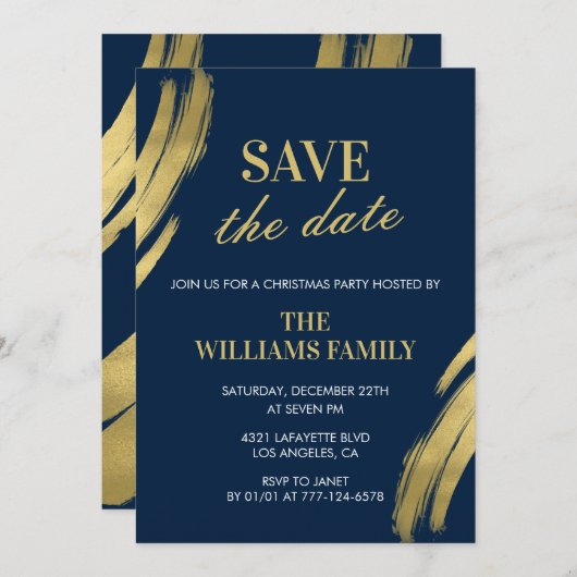 Weihnachts-Party Save the Date Navy Gold Einladung (Vorne/Hinten)