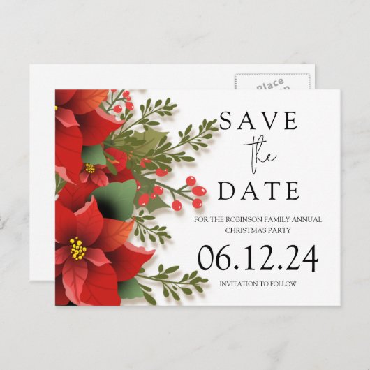 Weihnachts-Party Save the Date Poinsettia Ankündigungspostkarte (Vorne/Hinten)