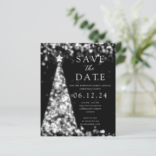 Weihnachts-Party Save the Date Silver Tree Einladu (Stehend Vorderseite)