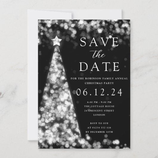 Weihnachts-Party Save the Date Silver Tree Glam Einladung (Vorderseite)