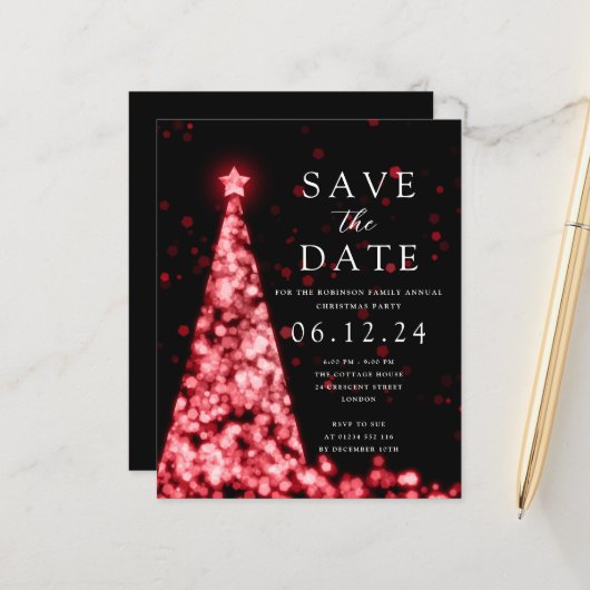 Weihnachts-Party Save the Date Tree Red Invite (Vorderseite/Rückseite Beispiel)