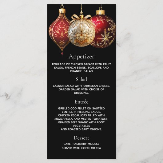 Weihnachts-Party Schwarz-Gold-Baubles-Menükarte Menükarte (Vorderseite)