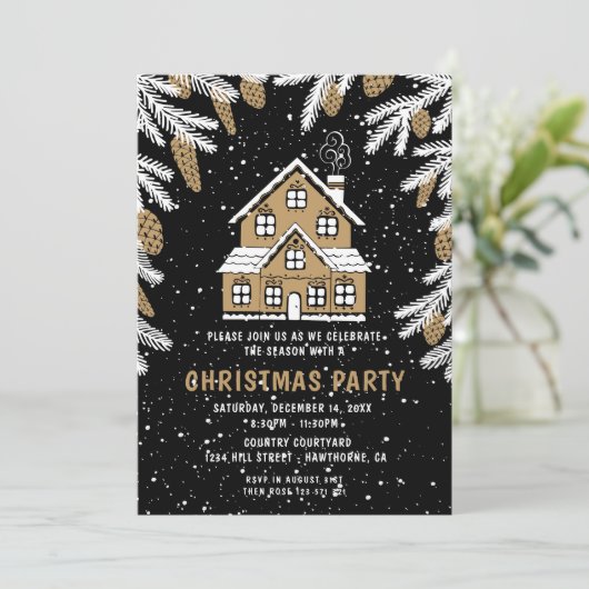 Weihnachts Party Schwarz & Gold Haus Einladung (Stehend Vorderseite)