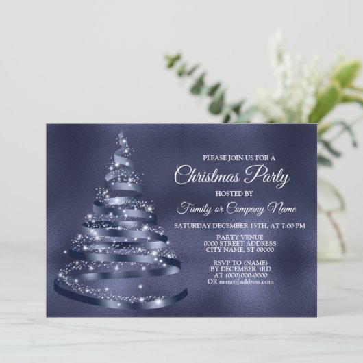 Weihnachts-Party Shiny Blue Ribbon Tree Sparkle Einladung (Stehend Vorderseite)