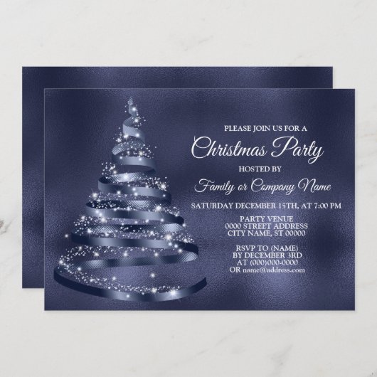 Weihnachts-Party Shiny Blue Ribbon Tree Sparkle Einladung (Vorne/Hinten)