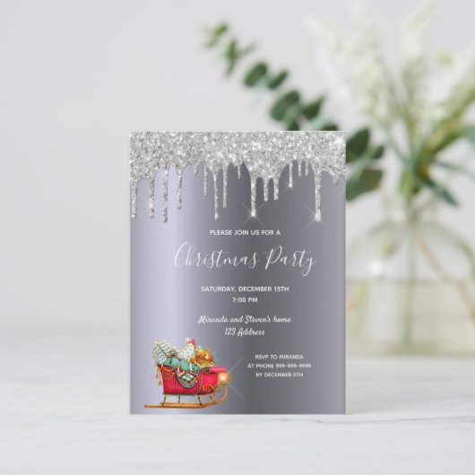 Weihnachts-Party Silber-Glitzer-Schlitten-Einladun Postkarte (Stehend Vorderseite)