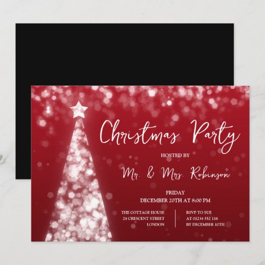 Weihnachts-Party Silver Red Tree Sparkle Light Einladung (Vorne/Hinten)