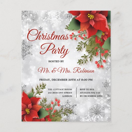 Weihnachts-Party Silver Sparkle Red Poinsettia Flyer (Vorne)