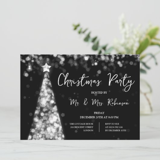 Weihnachts-Party Silver Tree Sparkle Lights Einladung (Stehend Vorderseite)