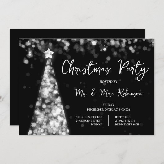 Weihnachts-Party Silver Tree Sparkle Lights Einladung (Vorne/Hinten)