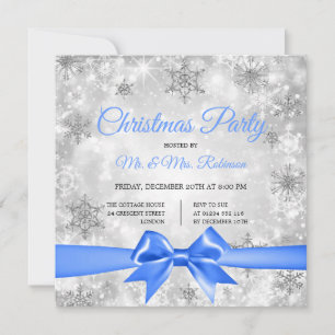 Weihnachts-Party Silver Winter Sparkle Blue Ribbon Einladung