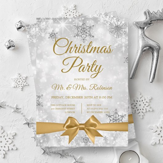 Weihnachts-Party Silver Winter Sparkle Gold Ribbon Einladung