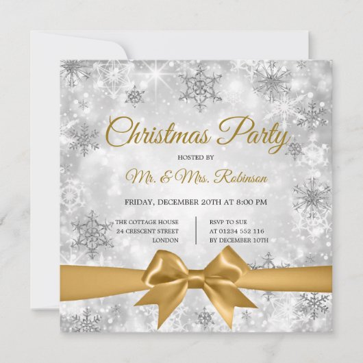 Weihnachts-Party Silver Winter Sparkle Gold Ribbon Einladung (Vorderseite)