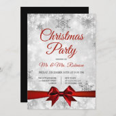 Weihnachts-Party Silver Winter Sparkle Red Ribbon Einladung (Vorne/Hinten)