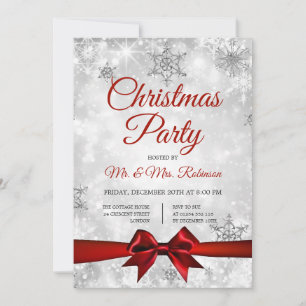 Weihnachts-Party Silver Winter Sparkle Red Ribbon Einladung