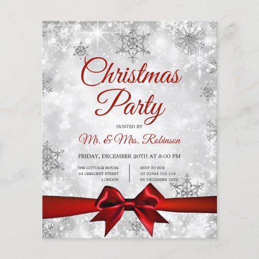 Weihnachts-Party Silver Winter Sparkle Red Ribbon Flyer (Vorne)