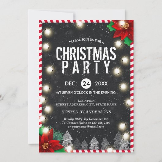 Weihnachts-Party String Light Schwarz-weiß Red Gre Einladung (Vorderseite)