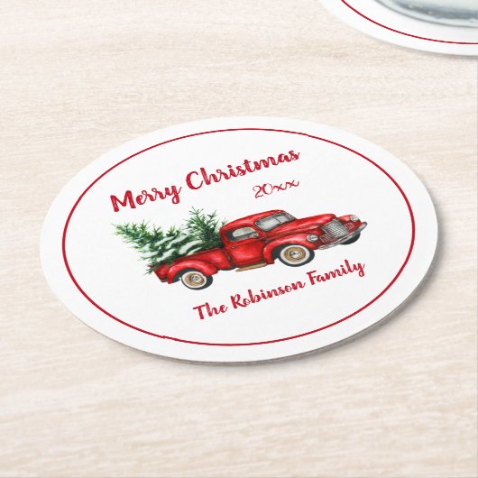 Weihnachts-Party Vintager Rotlastwagen Runder Pappuntersetzer (Angewinkelt)