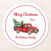 Weihnachts-Party Vintager Rotlastwagen Runder Pappuntersetzer (Vorderseite)