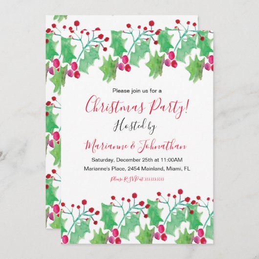 Weihnachts-Party Wasserfarbe Berry Handgemalt Einladung (Vorne/Hinten)