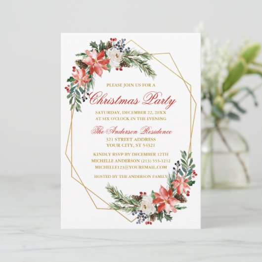 Weihnachts-Party Watercolor Poinsettia Gold Rot Einladung (Stehend Vorderseite)