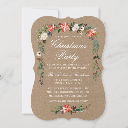 Weihnachts-Party Watercolor Poinsettia Kraft Einladung (Vorderseite)