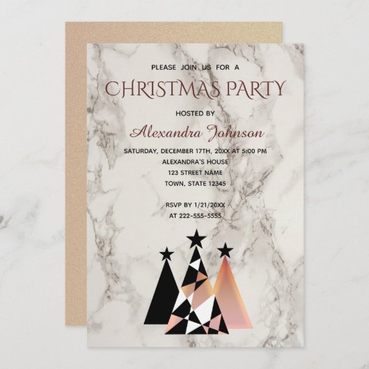 Weihnachts-Party Weißer Marmor und Rose Gold Elega Einladung (Vorne/Hinten)