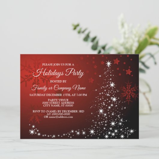Weihnachts-Party White Stars Tree Rote Schneeflock Einladung (Stehend Vorderseite)