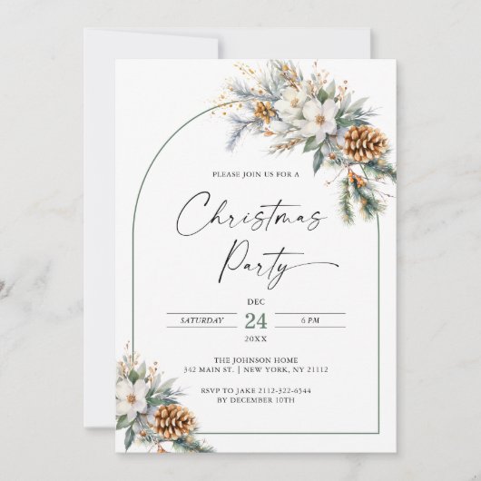 Weihnachts-Party Winter Pine Tree Weißer Blumenbog Einladung (Vorderseite)