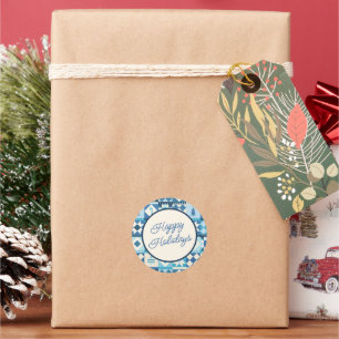Weihnachts-Patchwork Blau Frohe Feiertage Runder Aufkleber