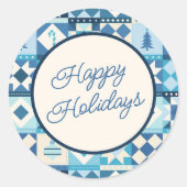 Weihnachts-Patchwork Blau Frohe Feiertage Runder Aufkleber (Vorderseite)