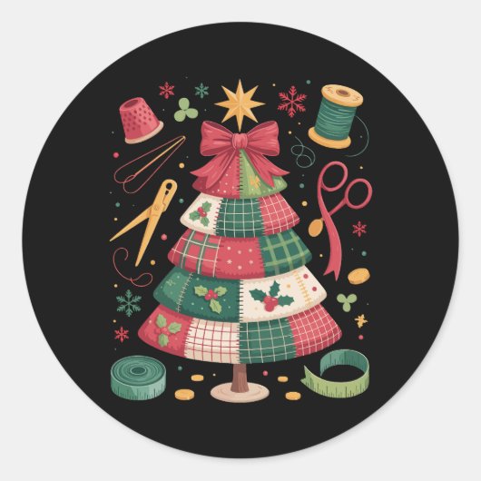 Weihnachts-Patchwork-Quilt-Baum-Nähen-Quilter-Xmas Runder Aufkleber (Vorderseite)