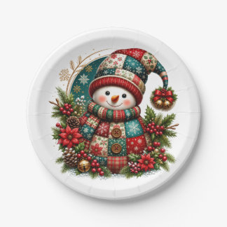 Weihnachts-Patchwork-Schneemann Pappteller