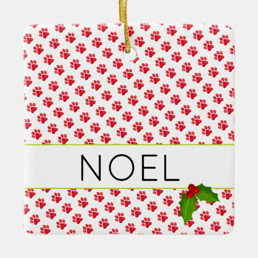 Weihnachts-Paw druckt Red PET NAME FOTO Holiday Keramikornament (Vorderseite)