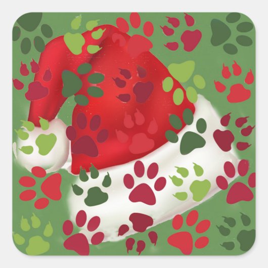 Weihnachts-Paw-Prints mit Weihnachtsmannmütze Quadratischer Aufkleber (Vorderseite)