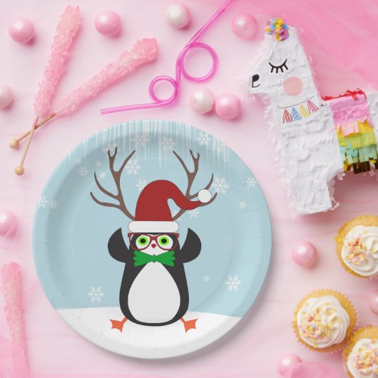Weihnachts-Penguin im sonnigen Hipster mit Anbeter Pappteller (Party)