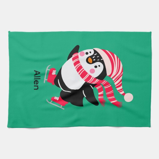 Weihnachts-Penguin in einem Hut und Scarf auf Skat Geschirrtuch (Horizontal)