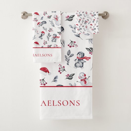 Weihnachts-Penguin Wasserfarbe Badhandtuch Set (Insitu)