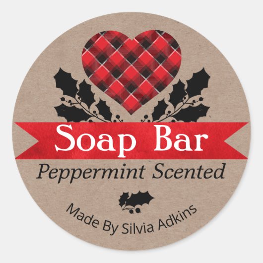 Weihnachts Peppermint Kariert Kraft Seife Bar Labe Runder Aufkleber (Vorderseite)