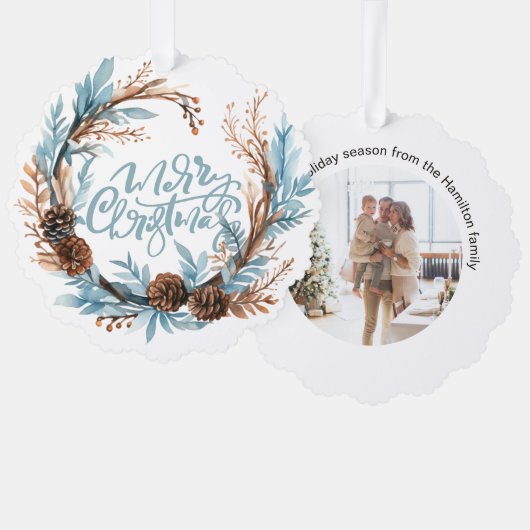 Weihnachts-Personalisierte Foto Kranz und Typograf Ornament Karte (Vorderseite/Rückseite)