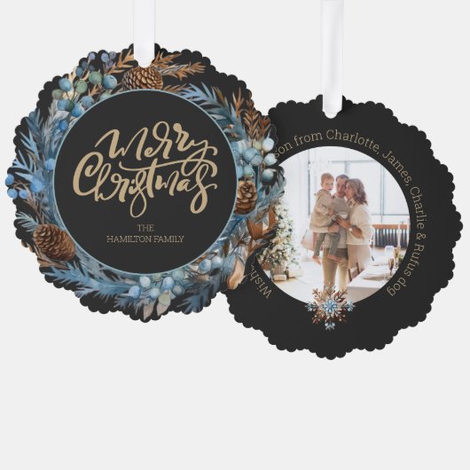 Weihnachts-Personalisierte Foto Kranz und Typograf Ornament Karte (Vorderseite/Rückseite)